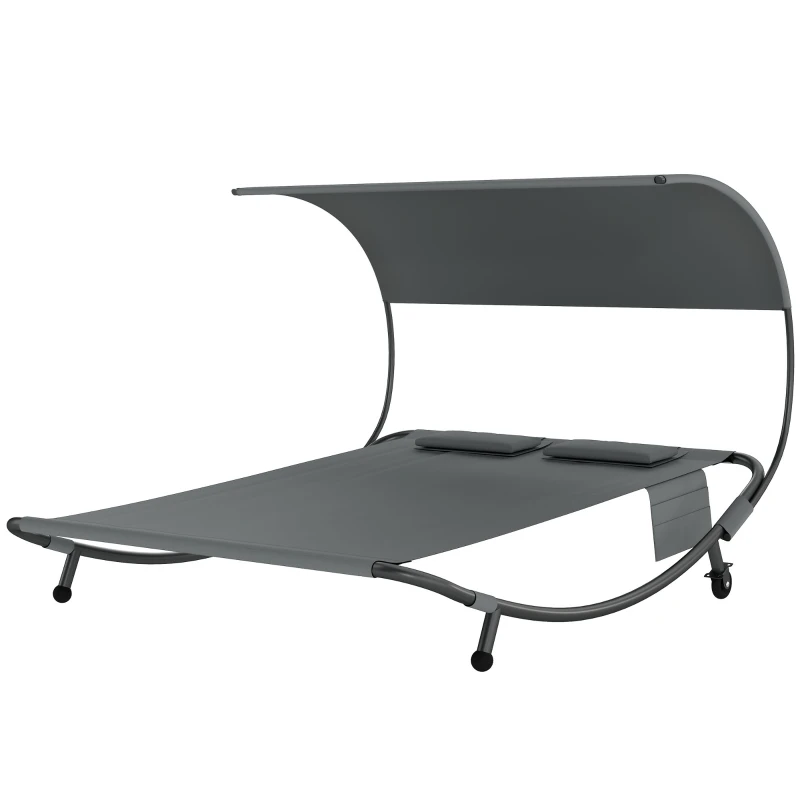 Outsunny Tumbona Doble con Capota Removible, Ruedas, Cojines y Bolsillos Portaobjetos, Gris