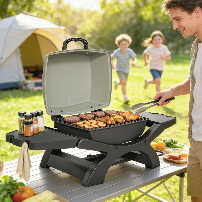 Outsunny Barbecue électrique extérieur 2300W, barbecue de table portable avec grilles émaillées, étagères latérales, noir