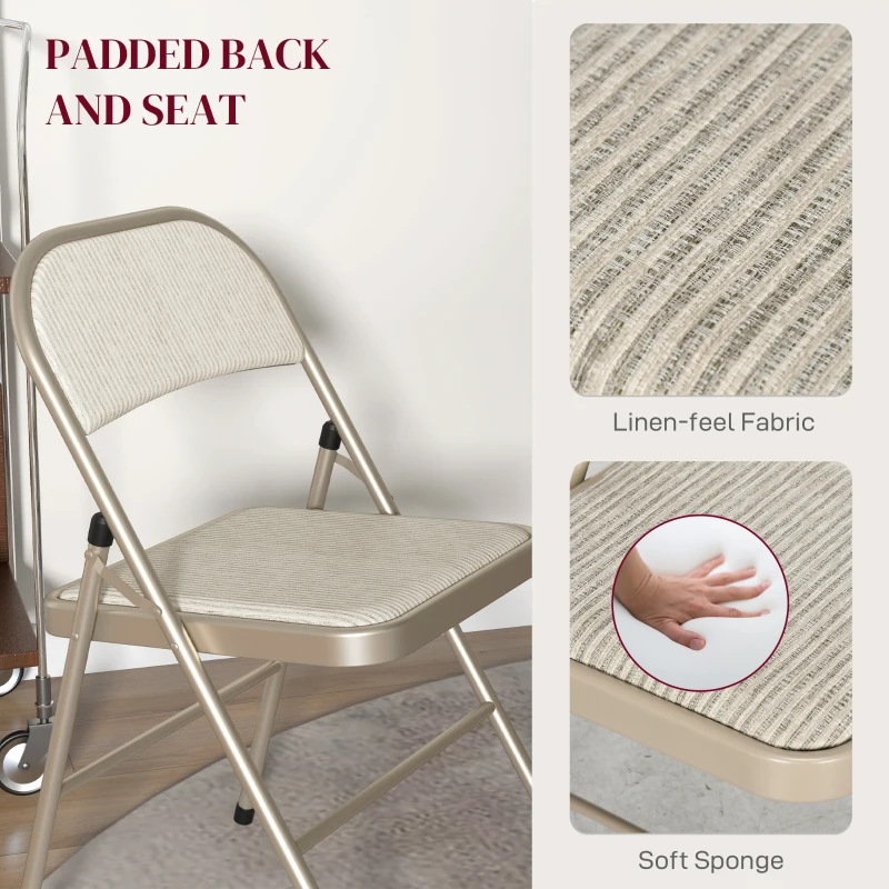 HOMCOM Linen-Look Set of Four Cushioned Folding Chairs - Beige