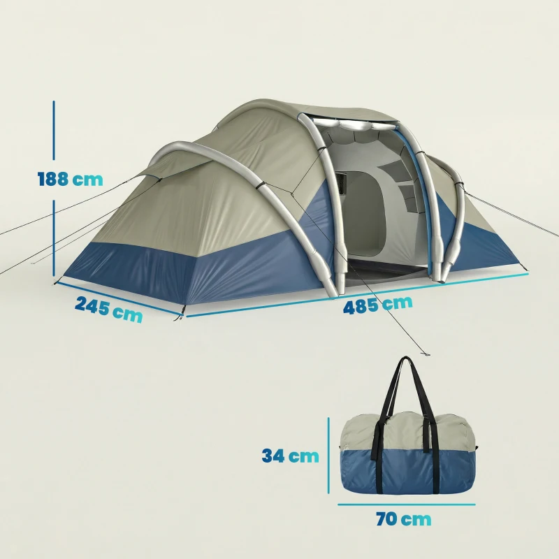 Outsunny Opblaasbare Tent voor 4 Personen – Snel op te zetten Outdoor Camping Tent met 2 Slaapkamers, Meshramen en Luifel