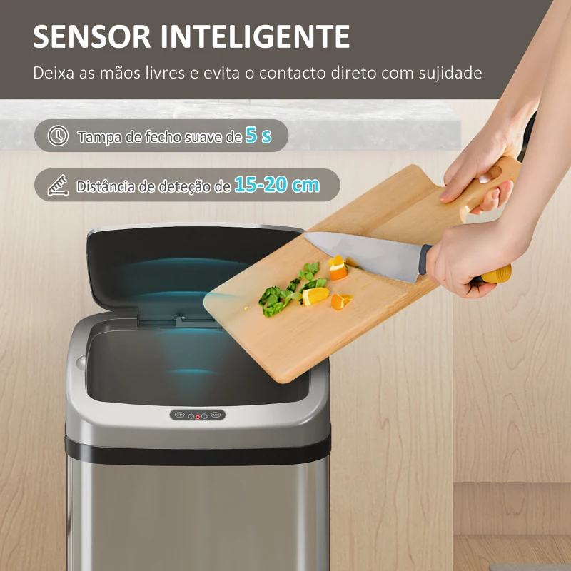 HOMCOM Balde de Lixo Automático para Cozinha 48 L Sensor Infravermelho Fechamento Automático Antimarcas Aço Inoxidável 33x25x69 cm Prata
