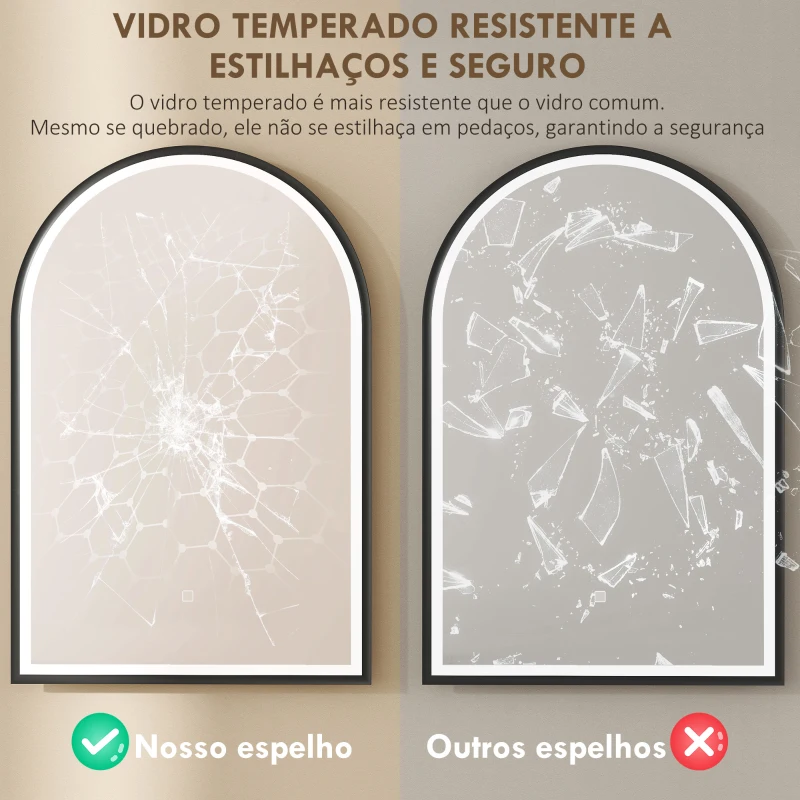 HOMCOM Espelho de Casa de Banho com Luz 60x90 cm Espelho de Parede Arqueado 3 Cores de Luz Brilho Regulável Função Antiembaçiamento Preto