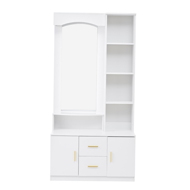 Mobile da ingresso multiuso con specchio e scarpiera, 2 cassetti e 2 ante, 90x40x180 cm, Bianco