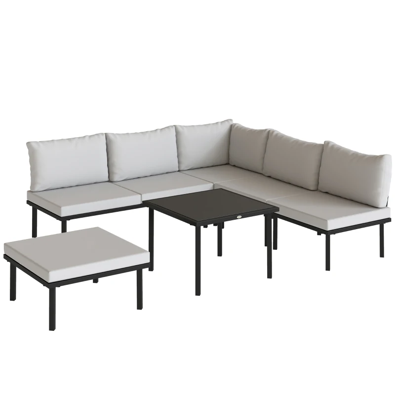 Outsunny Salon de jardin extérieur d'angle modulable 6 personnes, table basse avec plateau en verre trempé, gris clair