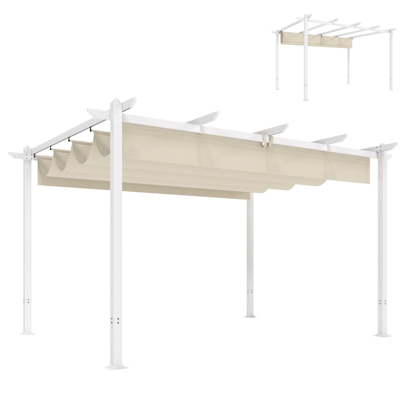 Outsunny Pergola Tonnelle de Jardin Toit Rétractable avec Toile Coulissante Magnétique et Trous de Drainage 390x297x227cm Beige