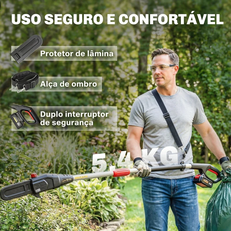 Outsunny Motosserra Elétrica Extensível 1,94-2,56 m com 2 Baterias de 4,0 Ah, Carregador Duplo Bloqueio e Lubrificação Automática