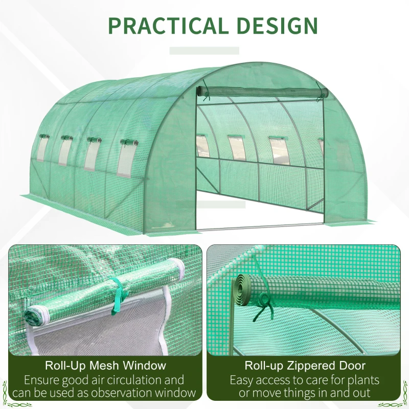Outsunny Walk-in Polytunnel Greenhouse - Outdoor Garden Tunnel Greenhouse Tent with Zipped Roll-Up Door and 8 Mesh Windows, 6 x 3M
