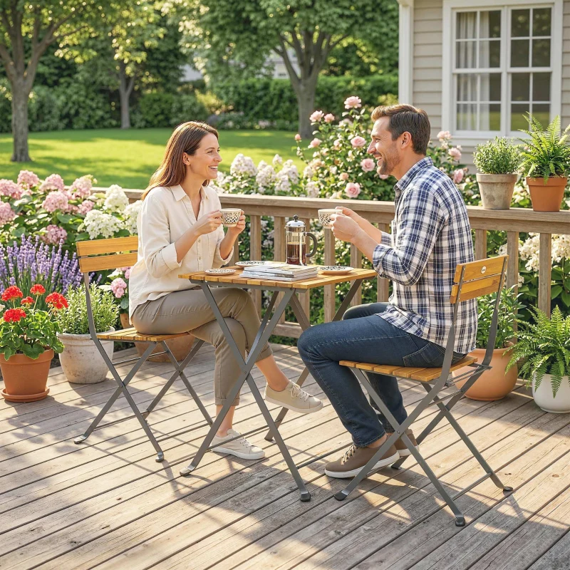 Outsunny Sitzgruppe 3 tlg. Essgruppe für 2 Personen klappbarer Esstisch mit 2 klappbare Stühle für Terrasse Balkon Teak