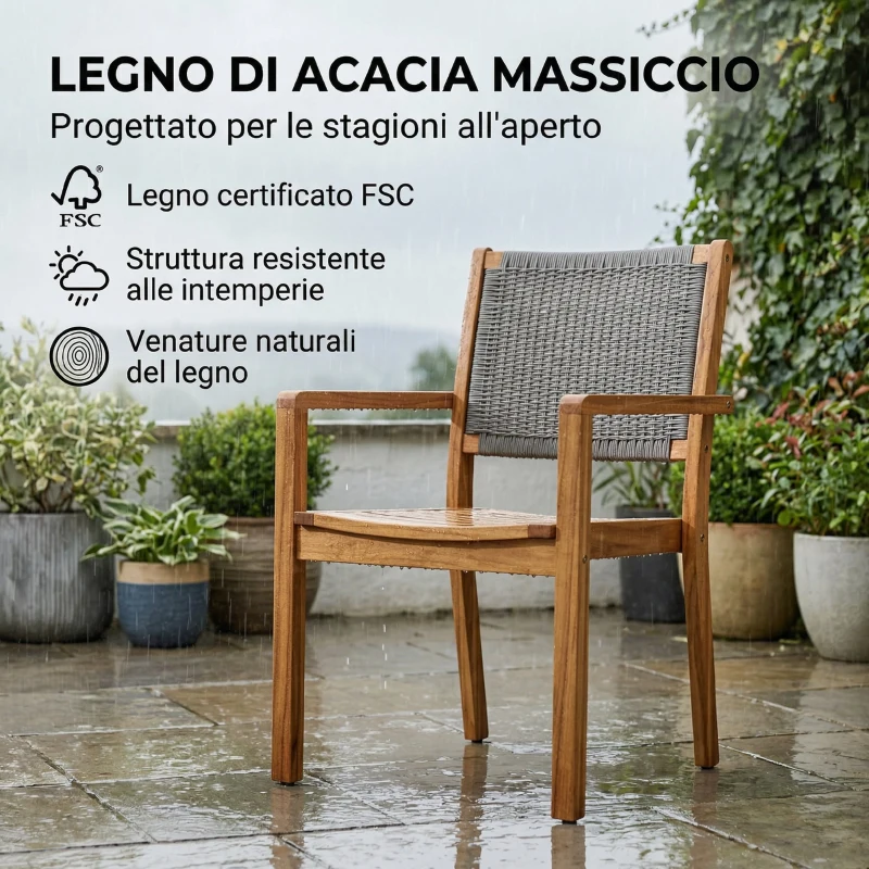 Outsunny Set 2 Sedie da Giardino in Legno di Acacia con Cuscini, Legno Naturale