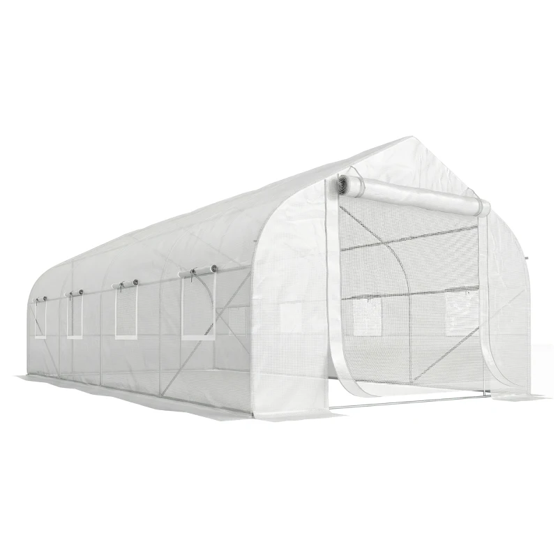 Outsunny Serre tunnel de jardin porte + 8 fenêtres enroulables métal galvanisé bâche PE haute densité métal galvanisé blanc