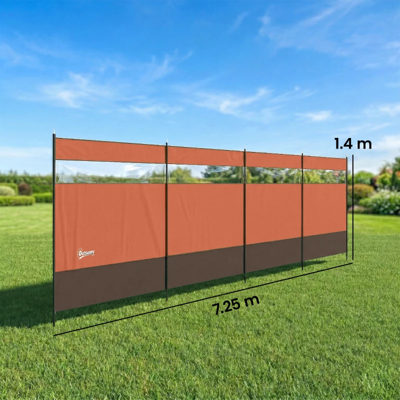 Outsunny Camping Windbreaker with Clear Windows and Steel Poles, for Beach Caravan Campervan, 725 x 140cm, Orange