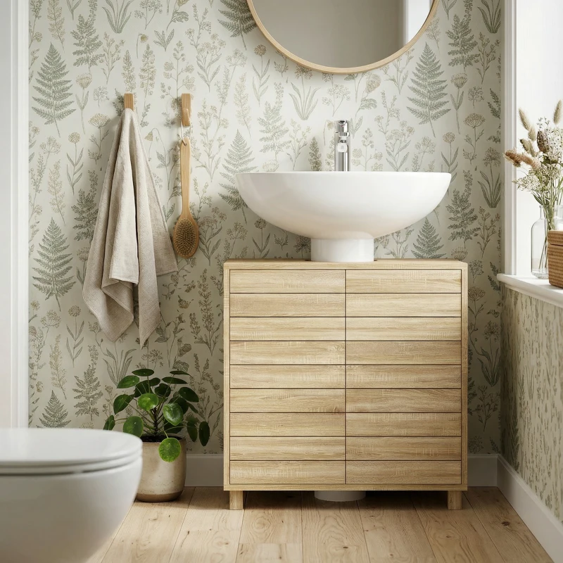 HOMCOM Móvel para Lavatório, Recorte em U, Portas com Ripas, Prateleira Ajustável, Abertura por Pressão, 60x30x60cm, Natural