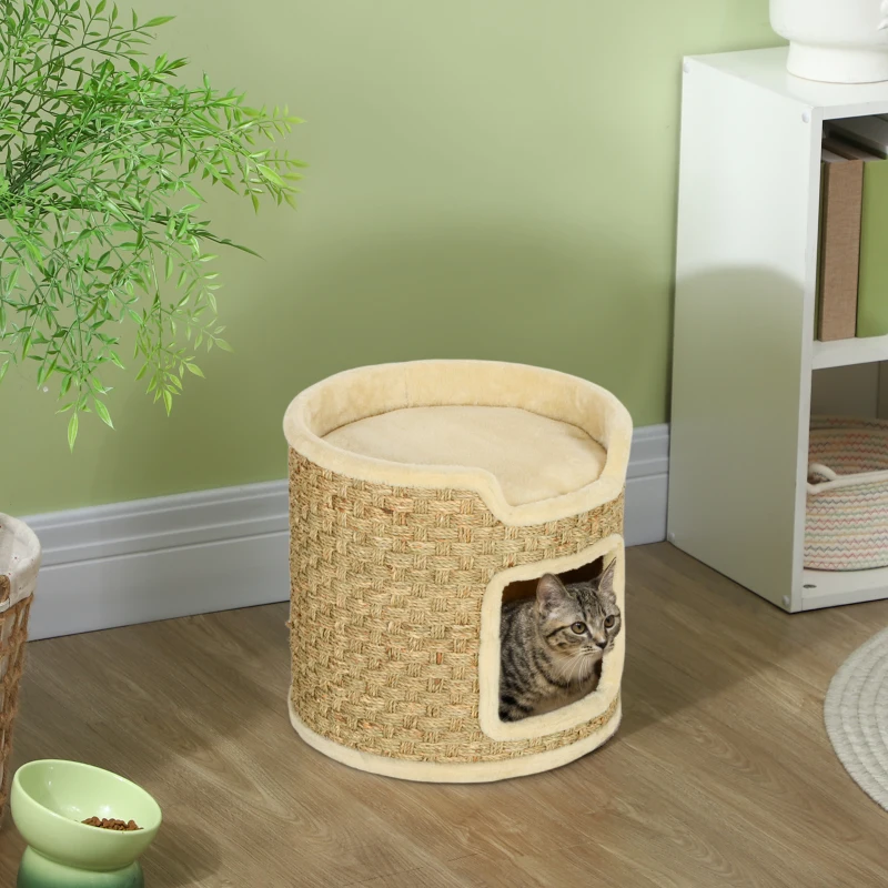 PawHut 37cm Cat Barrel Tower, Small Cat Tree for Indoor Cats with Plush Platform, Khaki