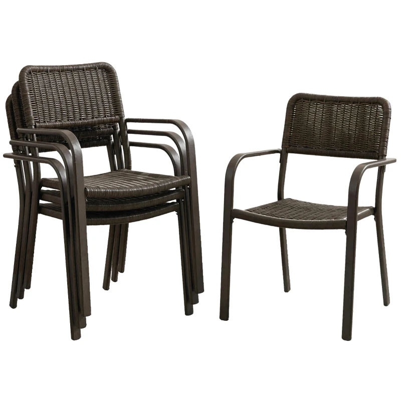 Outsunny Conjunto de 4 Cadeiras de Jardim Exterior Empilháveis com Apoios de Braços Encosto e Estrutura de Aço 55x60x83 cm Castanho Escuro