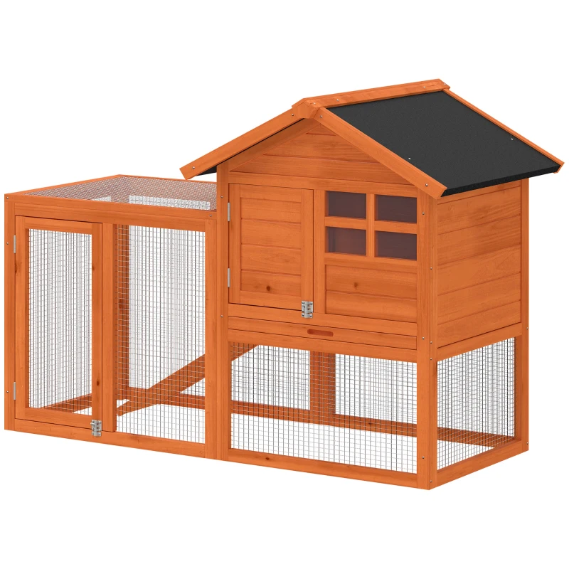 PawHut Konijnenhok 2-Lagen Houten Kooi met Waterdicht Asfaltdak, Ren, Loopplank en Deuren 123,5x62,6x92,5 cm Oranje