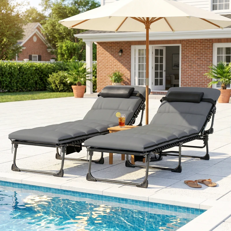 Outsunny Conjunto de 2 Espreguiçadeiras de Jardim Colchão XXL 9cm Reclinável 180° Plano Dobrável a 5 Posições 200x57x38cm Cinza