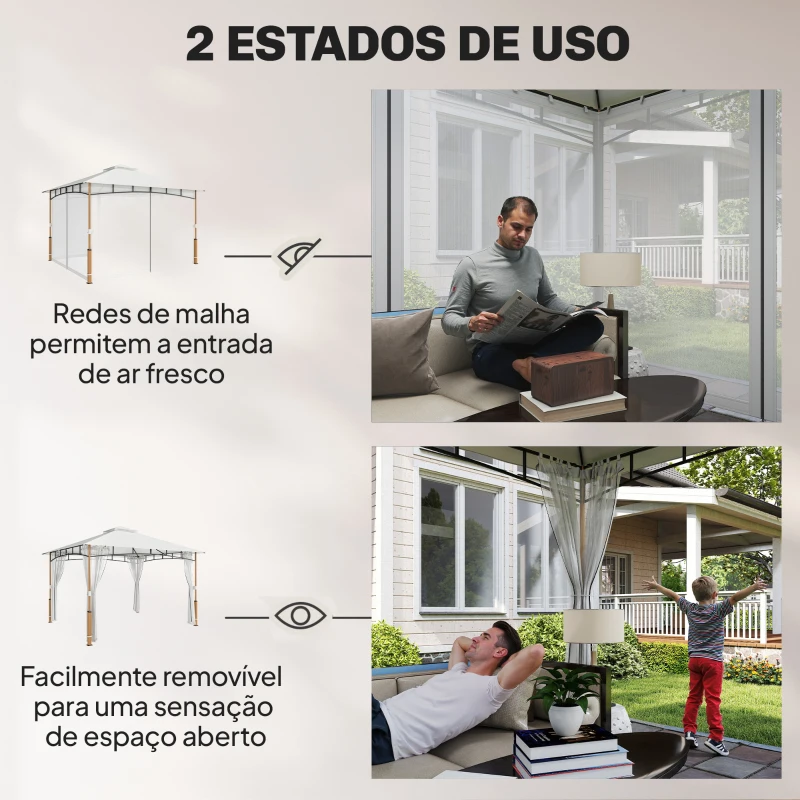 Outsunny Pérgola para Jardim 3x3,6 m com Telhado Duplo Paredes de Rede UPF50+ Estrutura Metálica Creme e Teca