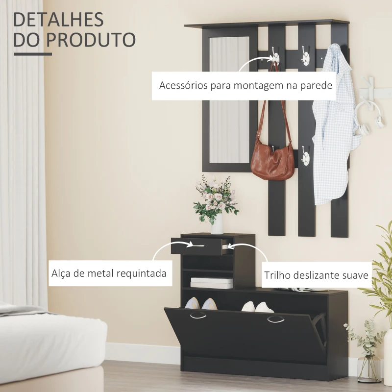 HOMCOM Móvel Cabide de Entrada  com Espelho Cabide e Sapateira Móveis de Entrada de 2 Peças com 6 Ganchos Preto