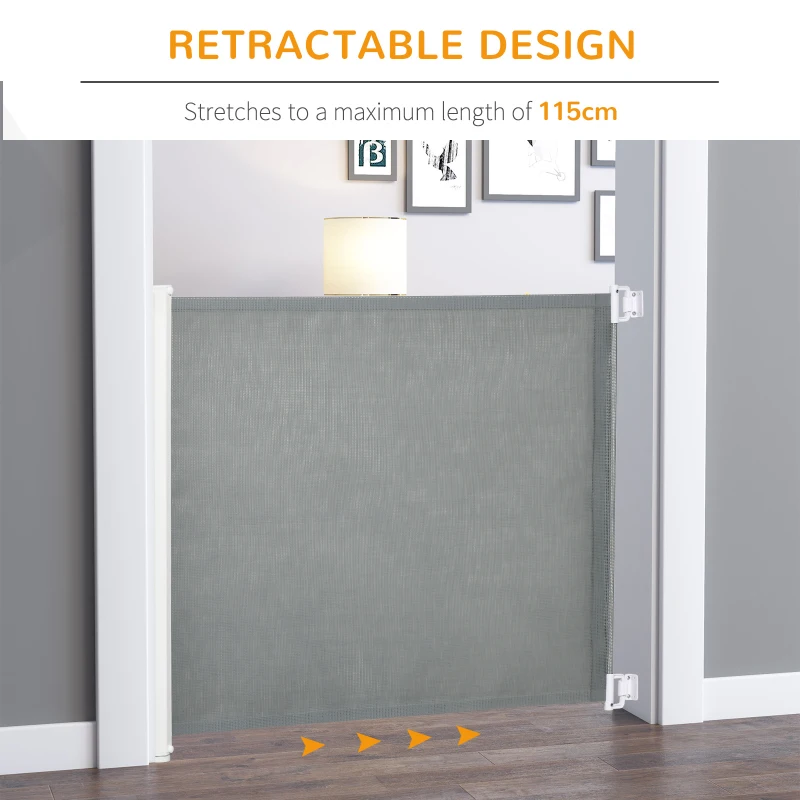 PawHut Retractable Dog Gate for Stairs, Safety Pet Barrier for Home Doorway, Room Divider 115L x 82.5Hcm, Grey