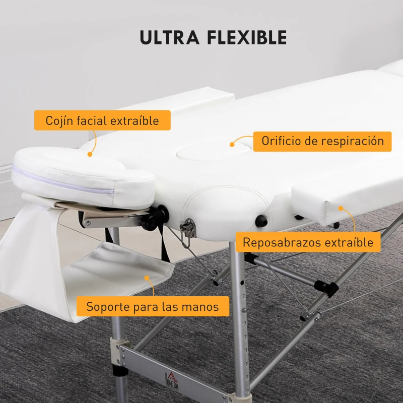 HOMCOM Camilla Masaje Plegable de Aluminio con Altura Ajustable 3 Zonas Reposacabezas Reposabrazos Blanco