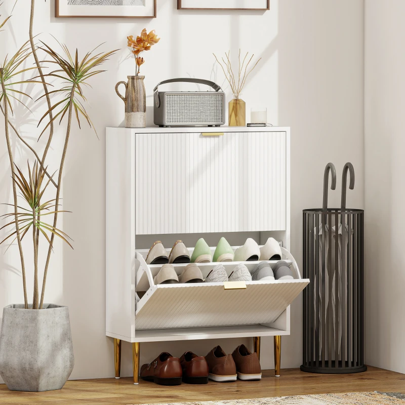 HOMCOM Dulap Slim pentru 12 Perechi de Pantofi, cu 2 Sertare Rabatabile și Rafturi Reglabile, 60x24x91.5 cm, Alb