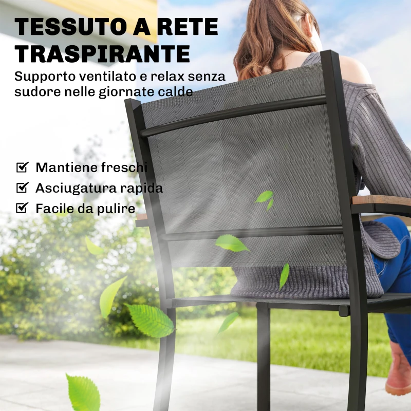 Outsunny Set 2 Sedie da Giardino in Texteline e Metallo con Braccioli Effetto Legno, 56x62x89 cm, Grigio