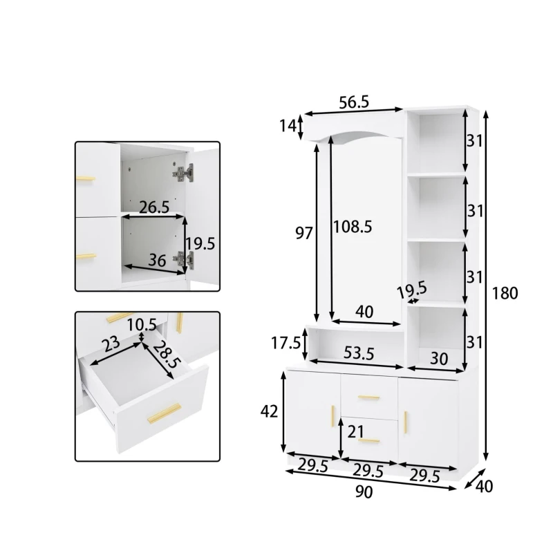 Mobile da ingresso multiuso con specchio e scarpiera, 2 cassetti e 2 ante, 90x40x180 cm, Bianco