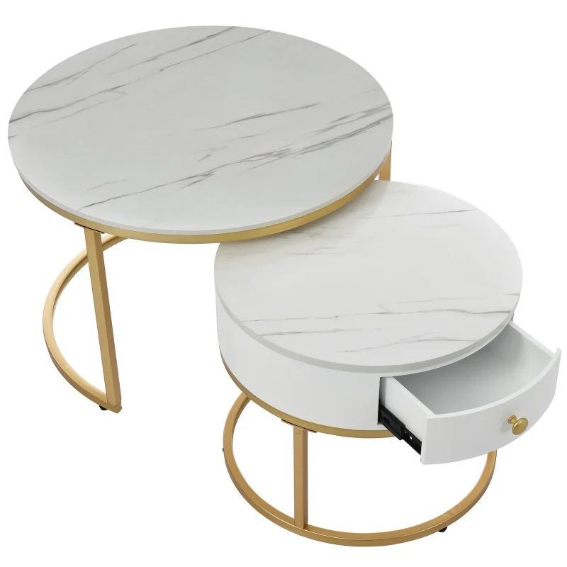 Set 2 tavolini moderni annidati in metallo effetto oro, 70x70x48 cm/50x50x43.5 cm, Bianco