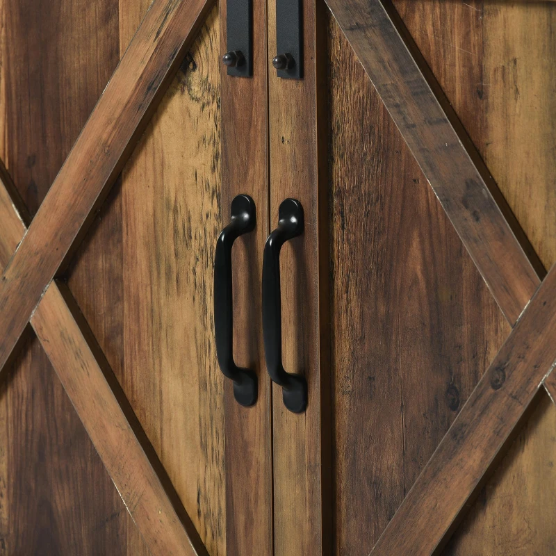 Mobile TV in stile country con ante da fienile, 2 armadietti e 2 ripiani aperti, 148x40x78 cm, Marrone