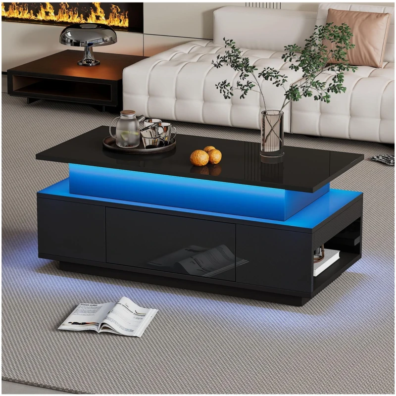 Tavolino da salotto regolabile in altezza con illuminazione LED, sollevamento idraulico e spazio a scomparsa, 96x45x40 cm, Nero
