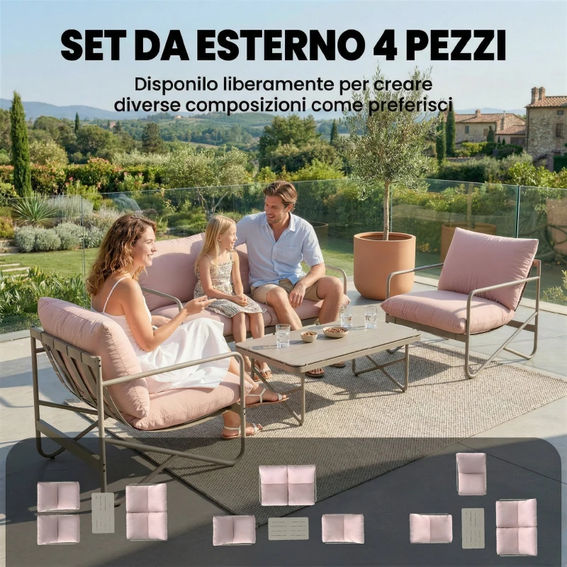 Outsunny Set da Giardino con Divanetto, 2 Poltrone e Tavolino in Metallo, Rosa