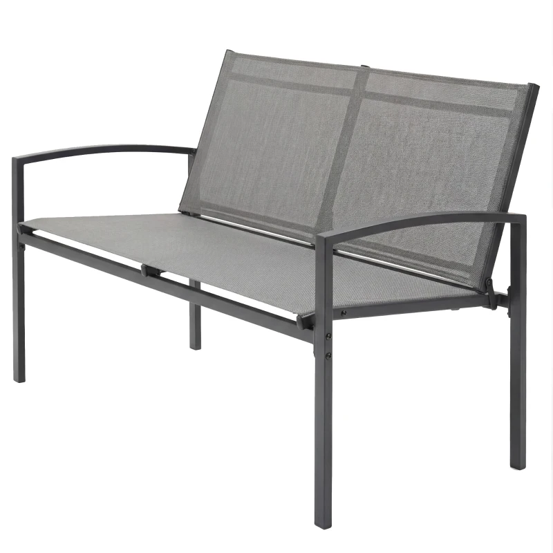Outsunny Ławka ogrodowa 2-osobowa, odporna na warunki atmosferyczne, metalowa, z oddychającym siedziskiem, profilowanymi podłokietnikami, 112 x 66 x 80 cm, szara
