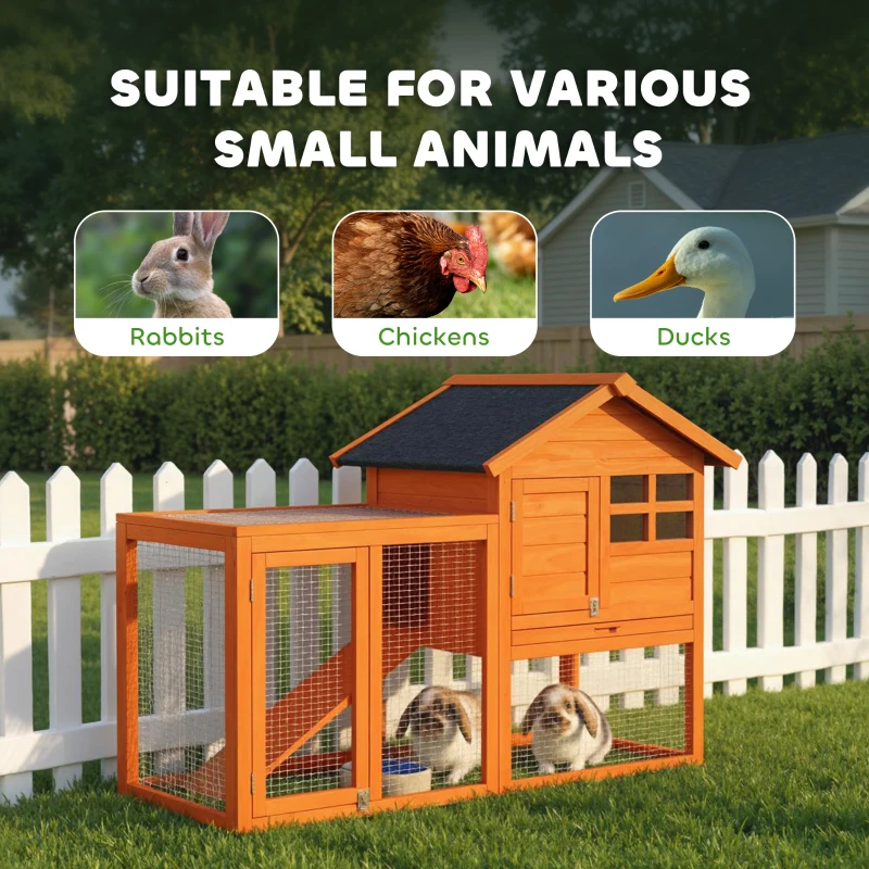 PawHut Konijnenhok 2-Lagen Houten Kooi met Waterdicht Asfaltdak, Ren, Loopplank en Deuren 123,5x62,6x92,5 cm Oranje