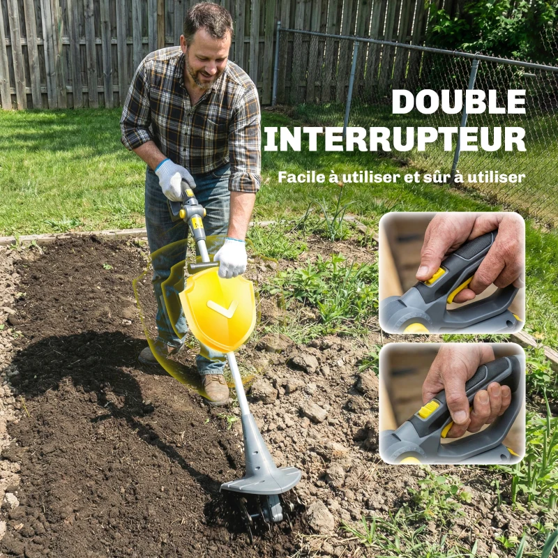 Outsunny Motobineuse sans Fil Motoculteur Électrique 18V 355W avec 2 Batteries 4,0Ah Léger et Anti-mal de Dos, Largeur 20cm Gris