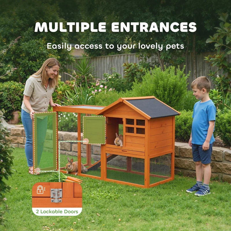 PawHut Konijnenhok 2-Lagen Houten Kooi met Waterdicht Asfaltdak, Ren, Loopplank en Deuren 123,5x62,6x92,5 cm Oranje