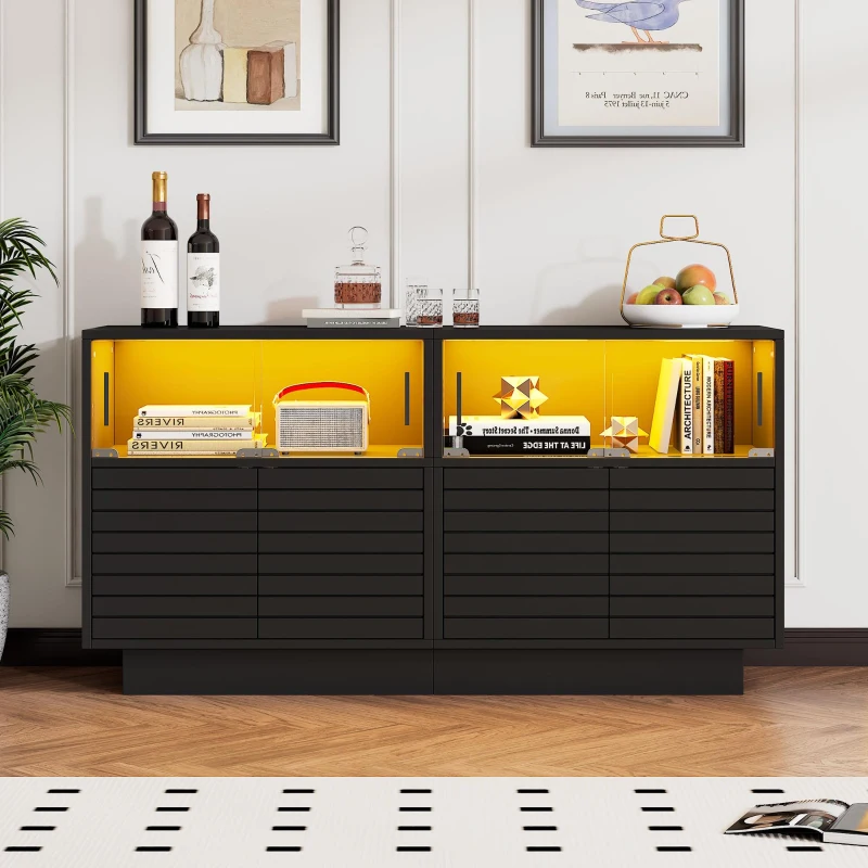 Credenza con illuminazione LED, frontale in vetro scorrevole dal movimento fluido, 130x35x68 cm, Nero