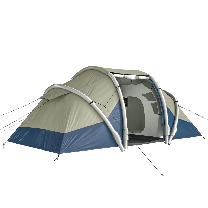 Outsunny Opblaasbare Tent voor 4 Personen – Snel op te zetten Outdoor Camping Tent met 2 Slaapkamers, Meshramen en Luifel