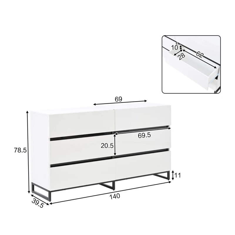 Madia per soggiorno con 6 cassetti, 3 gambe metalliche robuste, 140x39,5x78,5 cm, Bianco+Nero