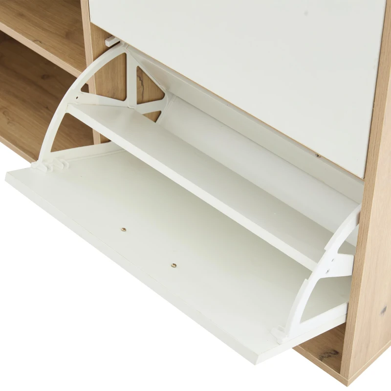 Mobile guardaroba con specchio e panca portascarpe, cassetto, 2 ante ribaltabili e 2 ripiani semiaperti, 100x38.5x190 cm, Bianco e Color legno