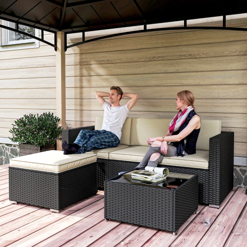 Outsunny Conjunto de Muebles de Ratán de Jardín Sofá de 3 Plazas Taburete y Mesa de Centro con Encimera de Cristal Negro