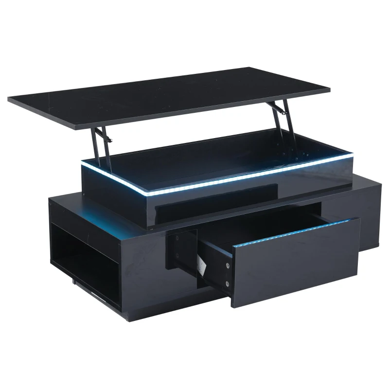 Tavolino da salotto regolabile in altezza con illuminazione LED, sollevamento idraulico e spazio a scomparsa, 96x45x40 cm, Nero