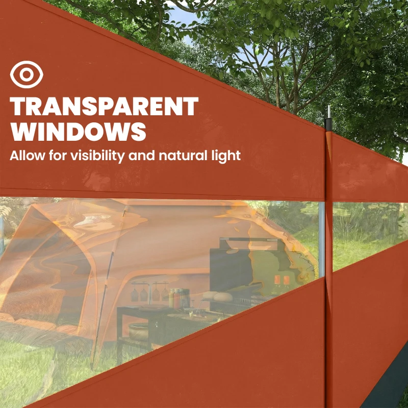 Outsunny Camping Windbreaker with Clear Windows and Steel Poles, for Beach Caravan Campervan, 725 x 140cm, Orange