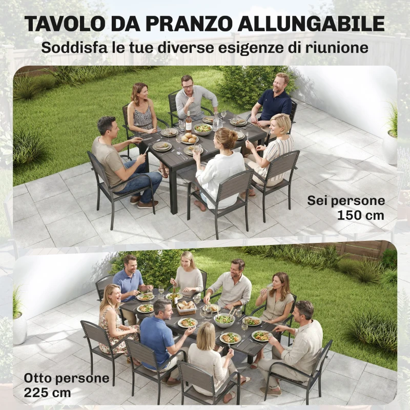 Outsunny Set Pranzo Estensibile Esterni 9 Pezzi, Tavolo Alluminio, 8 Sedie, Grigio