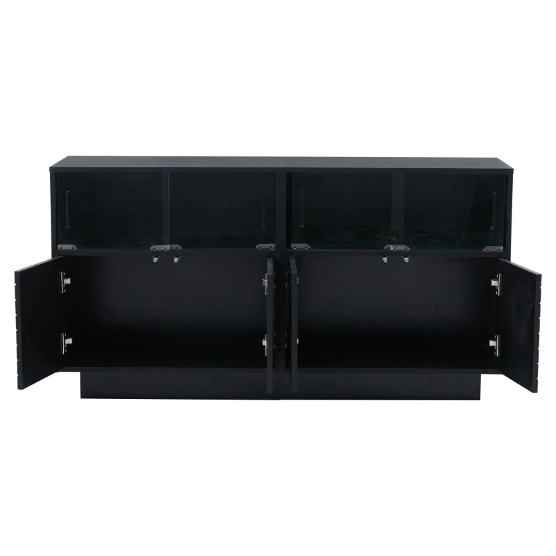 Credenza con illuminazione LED, frontale in vetro scorrevole dal movimento fluido, 130x35x68 cm, Nero