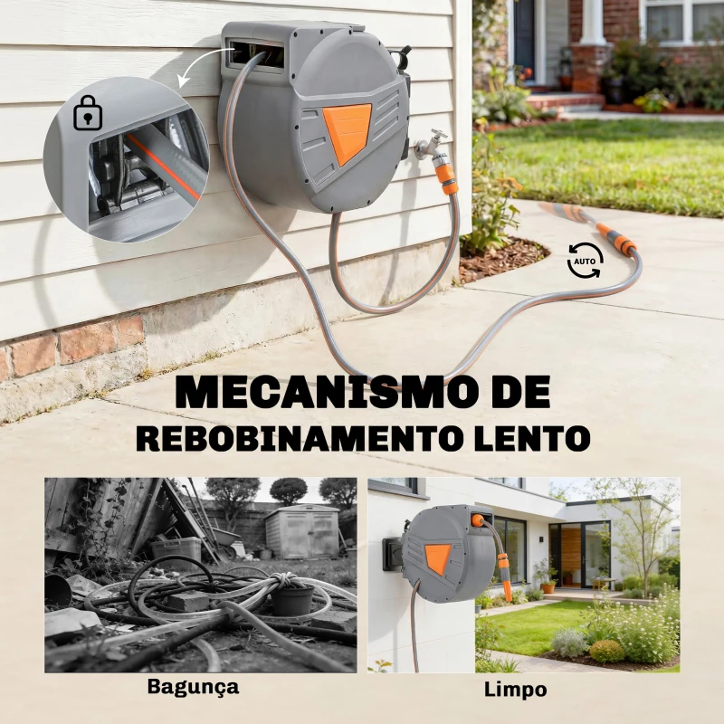 Outsunny Carretel de Mangueira para Jardim 30+2 m com Bocal de 2 Modos Bloqueio Automático e Retracção Orientável 180° Laranja