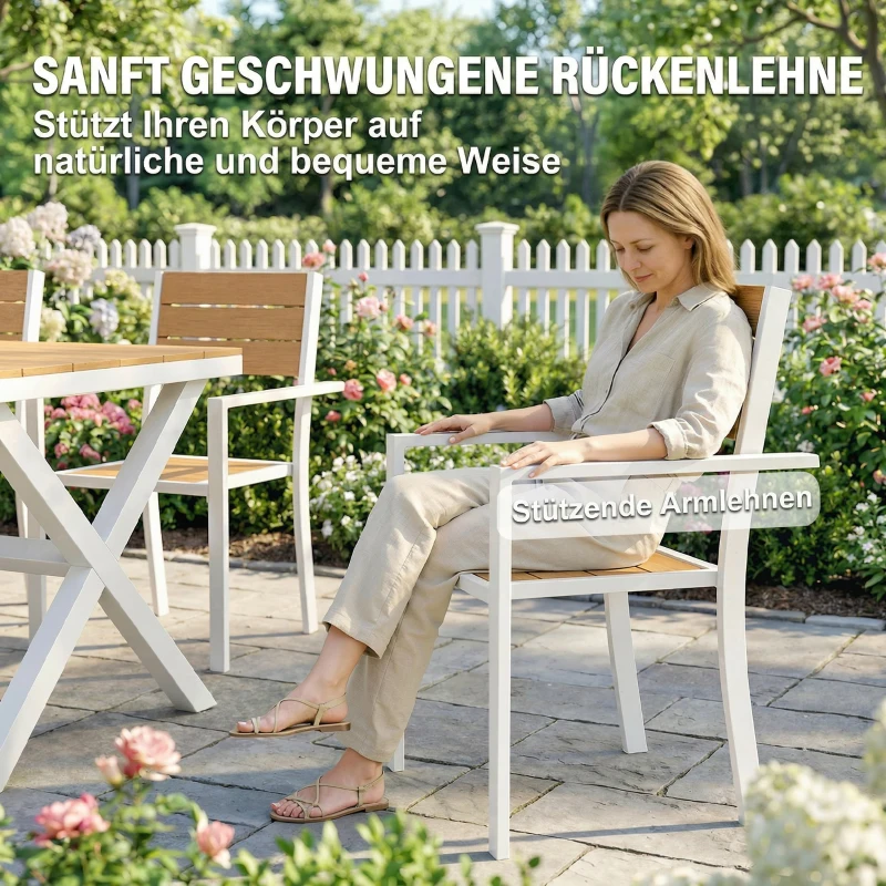 Outsunny Gartenmöbel Set Sitzgruppe 7-teilig Tisch mit 6 stapelbare Stühlen Holzoptik Aluminiumrahmen Teak