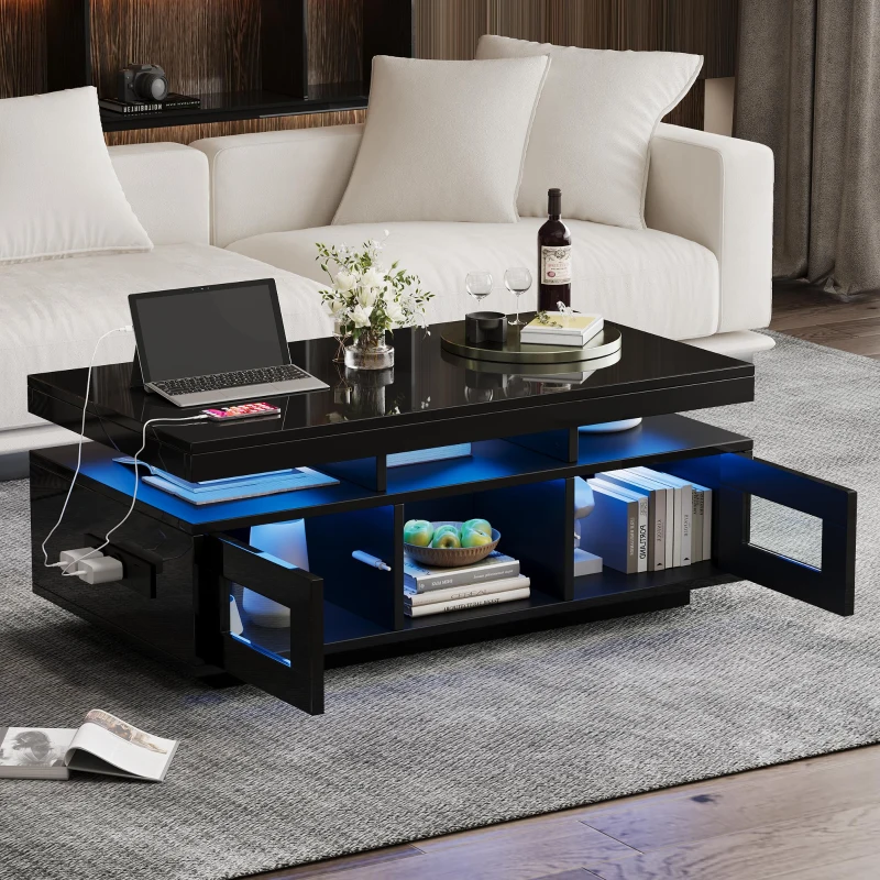 Tavolino da salotto a LED RGB con spazio portaoggetti aperto e chiuso, 100x50x43 cm, Nero