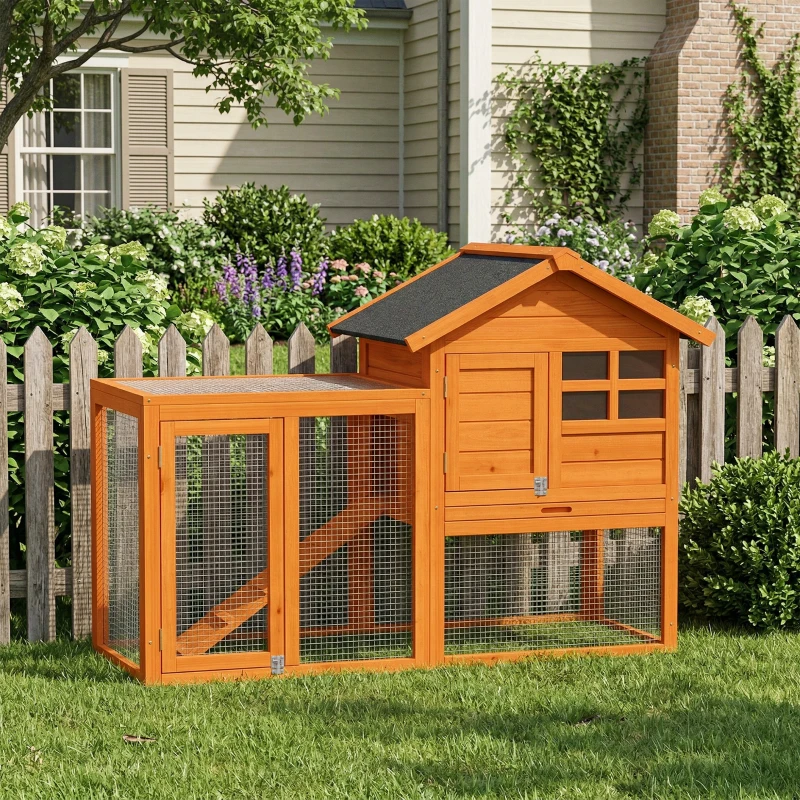 PawHut Clapier 2 étages Clapier pour lapins avec toit bitumé étanche, enclos extérieur, rampe, portes, bois 123,5x62,6x92,5 cm Orange
