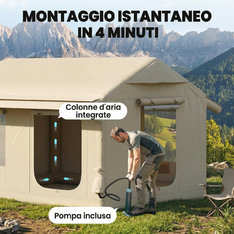 Outsunny Tenda Campeggio 4 Stagioni Gonfiabile, Impermeabile 3000mm con Pompa, 3.2x2.3x2 m, Kaki