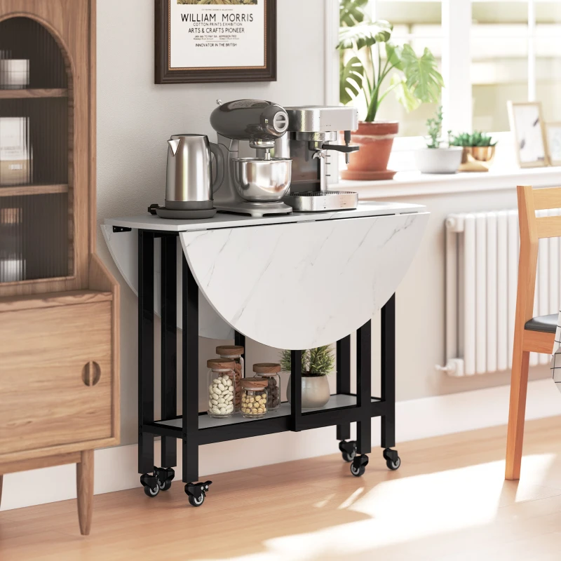 HOMCOM Folding Dining Table, Drop Leaf Table with Open Shelf, Rolling Kitchen Table for Dining Room, Small Spaces, White Marble